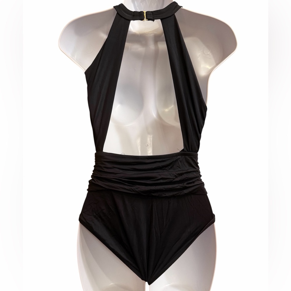 Badgley Mischka Black Ruched One-Piece Swimsuit - Picture 3 of 6